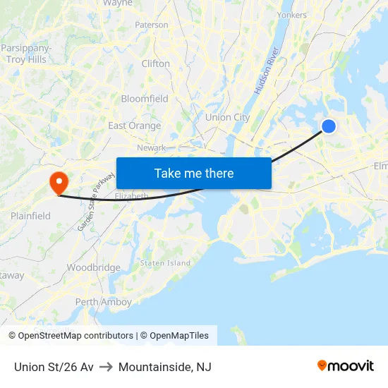 Union St/26 Av to Mountainside, NJ map