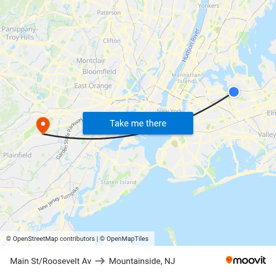 Main St/Roosevelt Av to Mountainside, NJ map