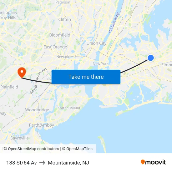 188 St/64 Av to Mountainside, NJ map