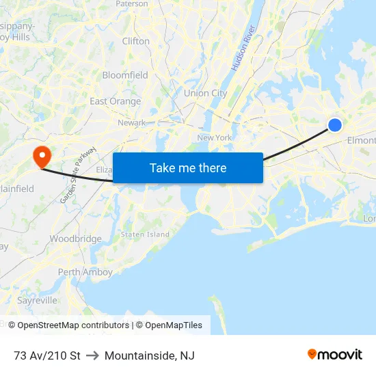73 Av/210 St to Mountainside, NJ map