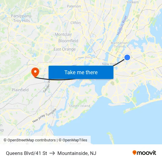 Queens Blvd/41 St to Mountainside, NJ map