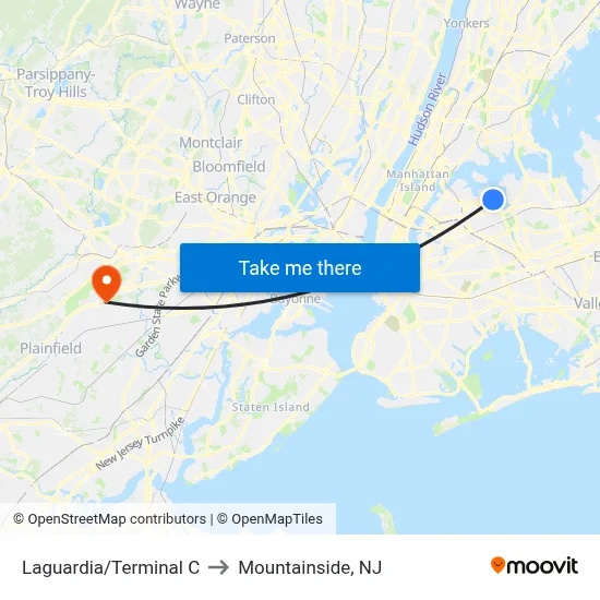 Laguardia/Terminal C to Mountainside, NJ map