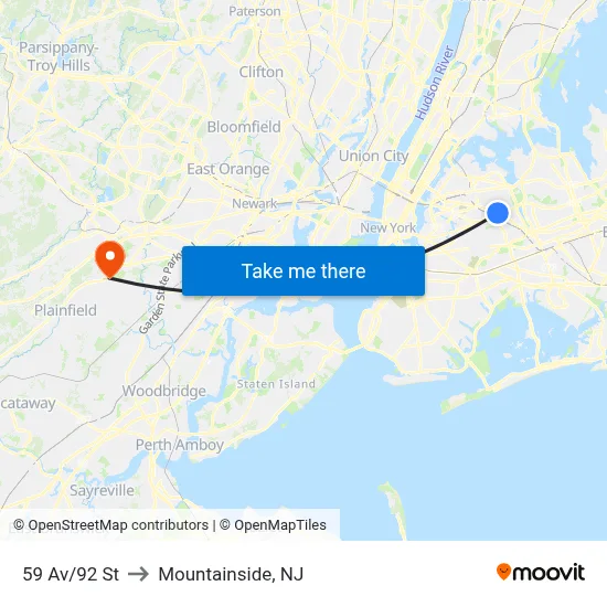 59 Av/92 St to Mountainside, NJ map
