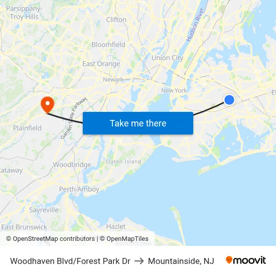 Woodhaven Blvd/Forest Park Dr to Mountainside, NJ map