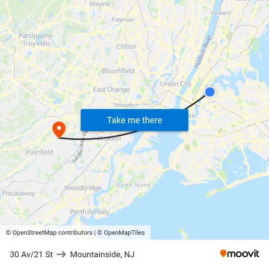 30 Av/21 St to Mountainside, NJ map