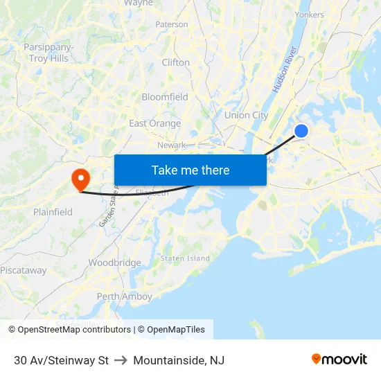 30 Av/Steinway St to Mountainside, NJ map