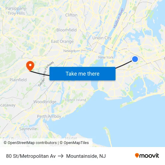 80 St/Metropolitan Av to Mountainside, NJ map