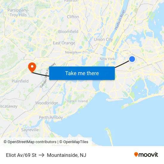 Eliot Av/69 St to Mountainside, NJ map