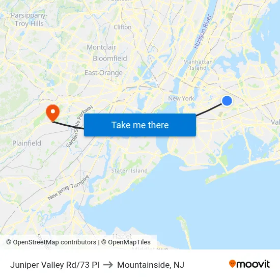 Juniper Valley Rd/73 Pl to Mountainside, NJ map