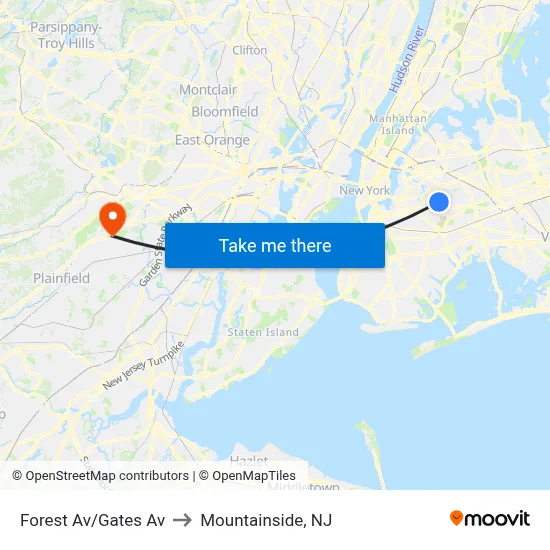 Forest Av/Gates Av to Mountainside, NJ map