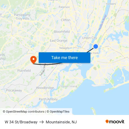 W 34 St/Broadway to Mountainside, NJ map