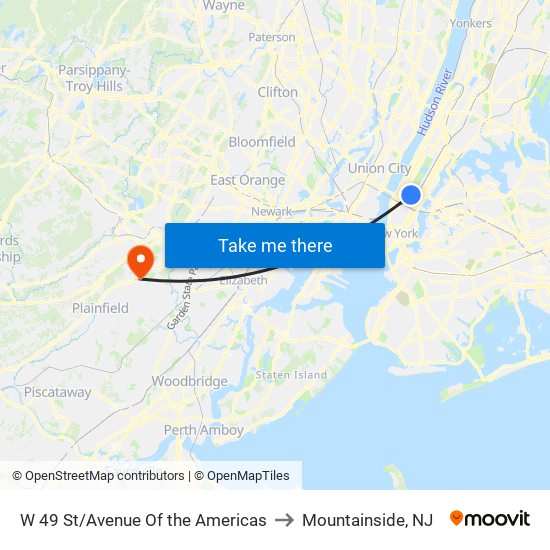 W 49 St/Avenue Of the Americas to Mountainside, NJ map