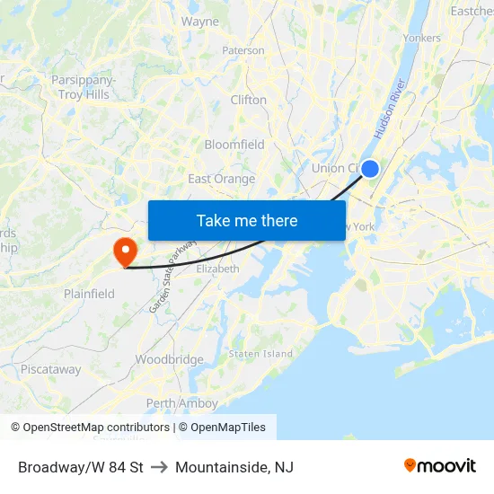 Broadway/W 84 St to Mountainside, NJ map