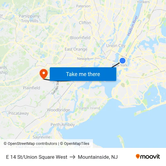 E 14 St/Union Square West to Mountainside, NJ map