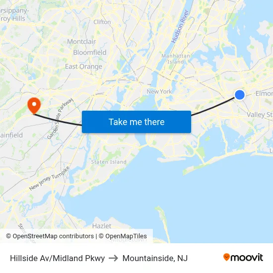 Hillside Av/Midland Pkwy to Mountainside, NJ map