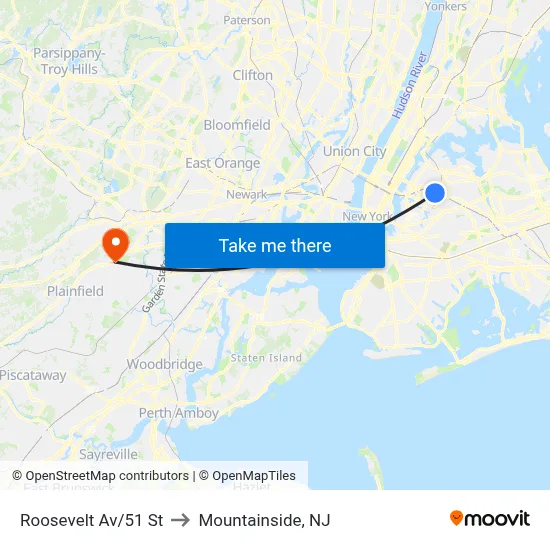 Roosevelt Av/51 St to Mountainside, NJ map