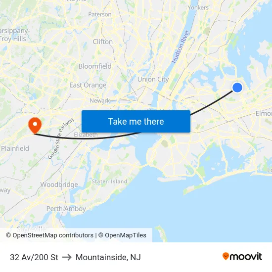 32 Av/200 St to Mountainside, NJ map
