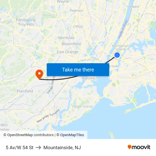 5 Av/W 54 St to Mountainside, NJ map