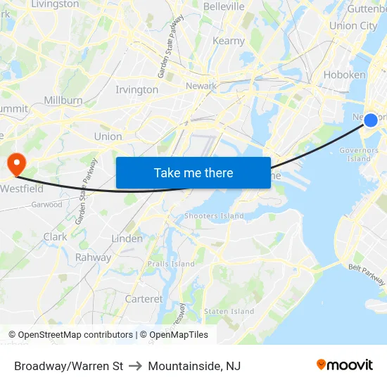 Broadway/Warren St to Mountainside, NJ map