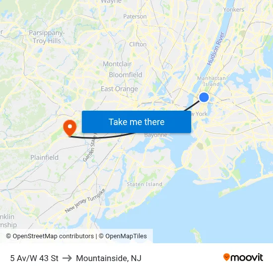5 Av/W 43 St to Mountainside, NJ map