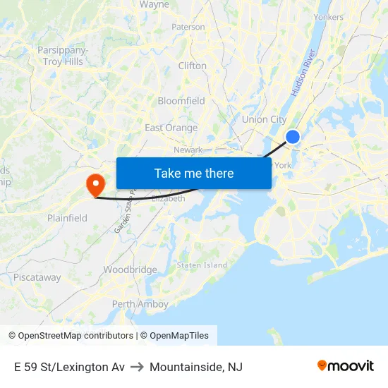 E 59 St/Lexington Av to Mountainside, NJ map