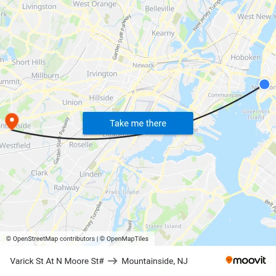 Varick St At N Moore St# to Mountainside, NJ map