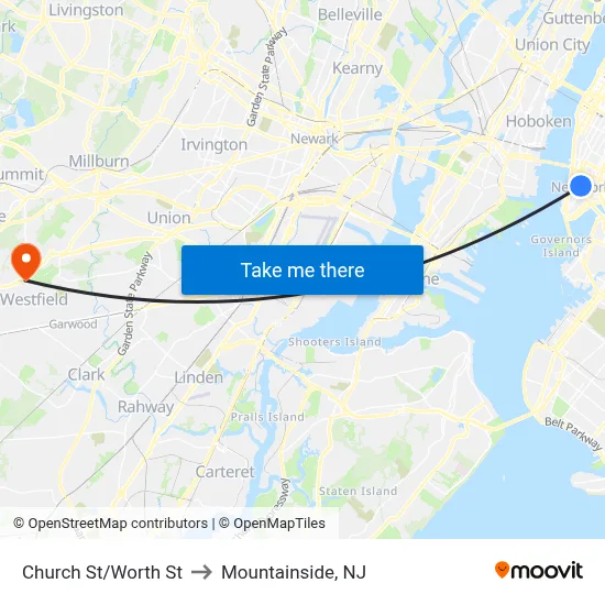 Church St/Worth St to Mountainside, NJ map