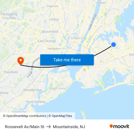 Roosevelt Av/Main St to Mountainside, NJ map
