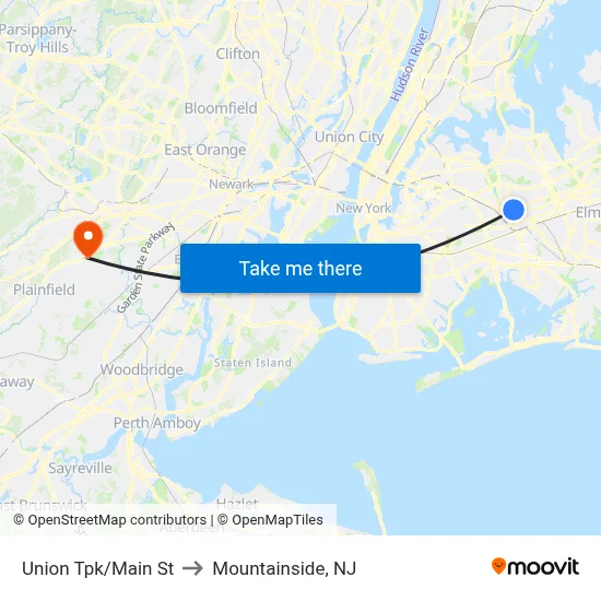 Union Tpk/Main St to Mountainside, NJ map