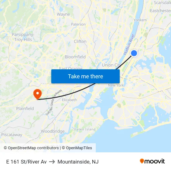 E 161 St/River Av to Mountainside, NJ map