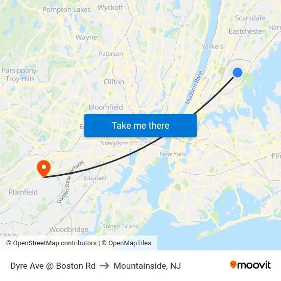 Dyre Ave @ Boston Rd to Mountainside, NJ map