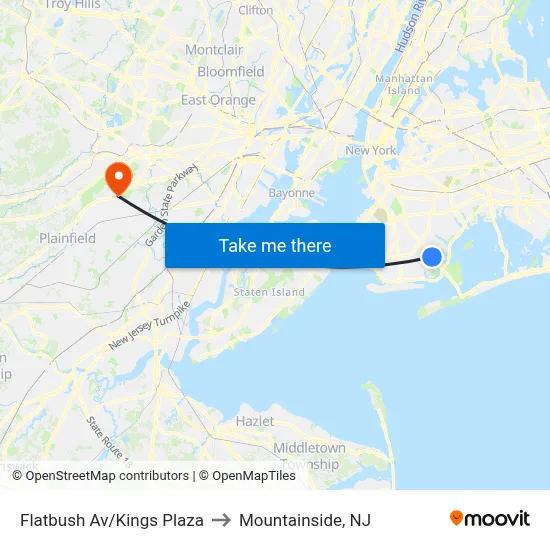 Flatbush Av/Kings Plaza to Mountainside, NJ map