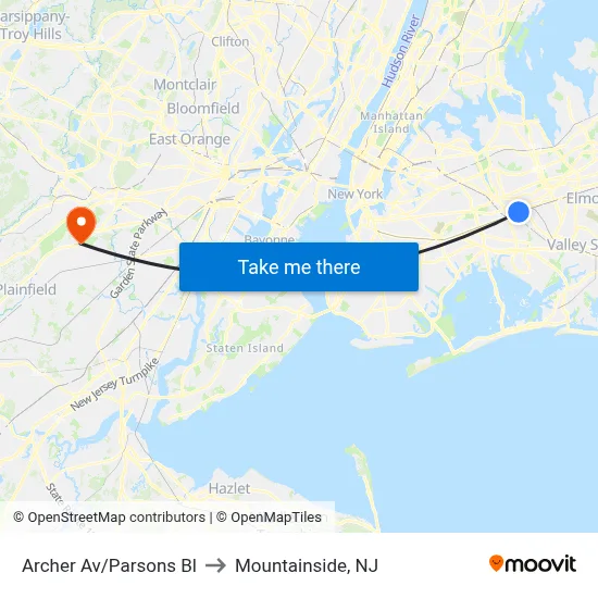 Archer Av/Parsons Bl to Mountainside, NJ map