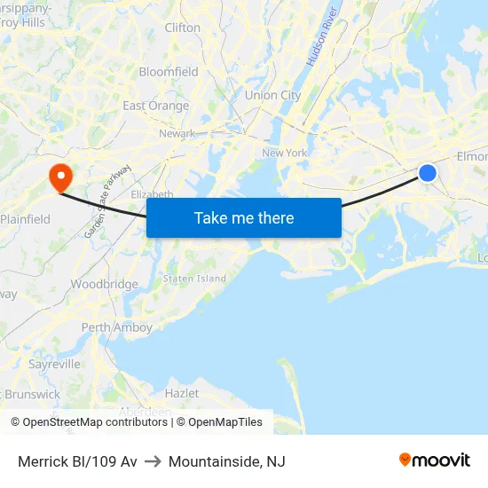 Merrick Bl/109 Av to Mountainside, NJ map