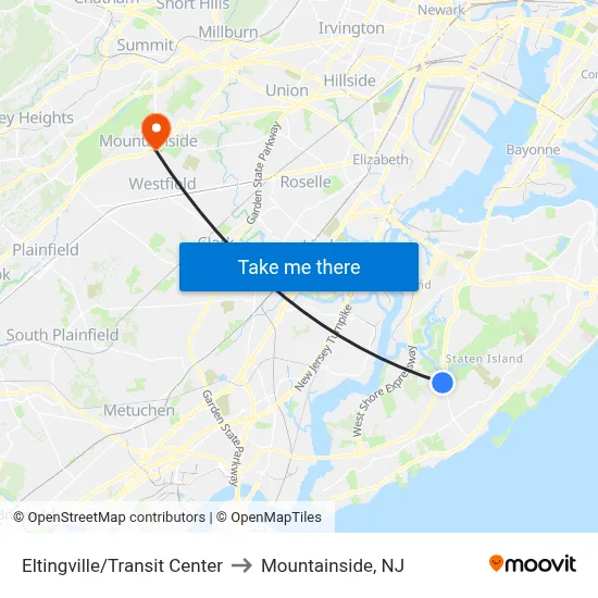 Eltingville/Transit Center to Mountainside, NJ map
