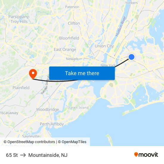 65 St to Mountainside, NJ map