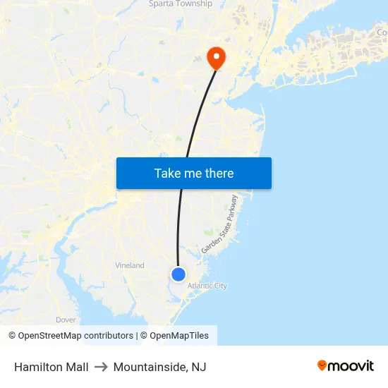 Hamilton Mall to Mountainside, NJ map