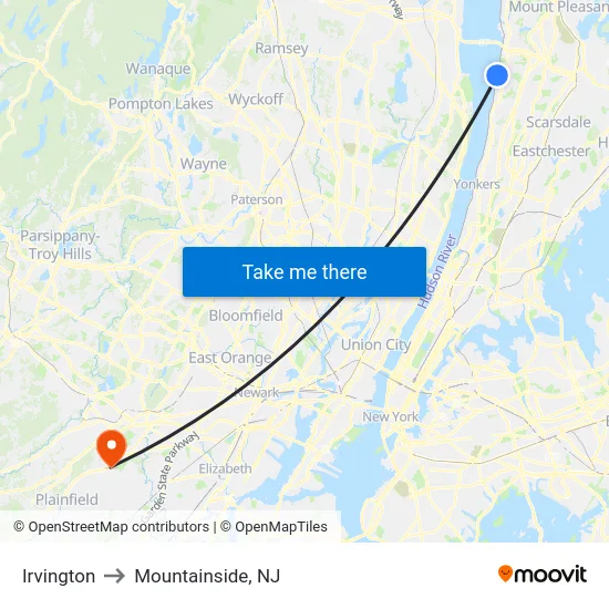 Irvington to Mountainside, NJ map