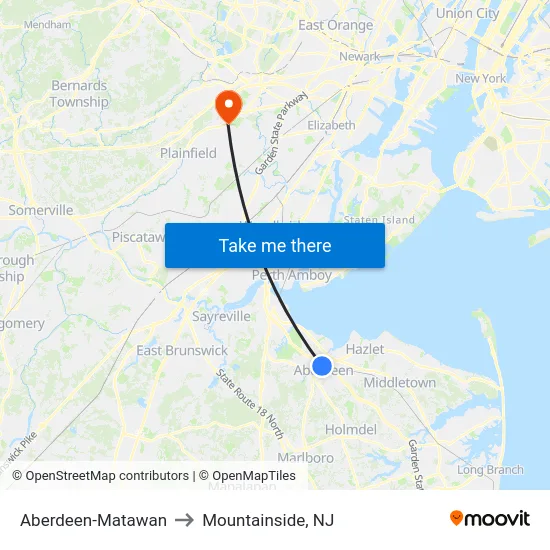 Aberdeen-Matawan to Mountainside, NJ map