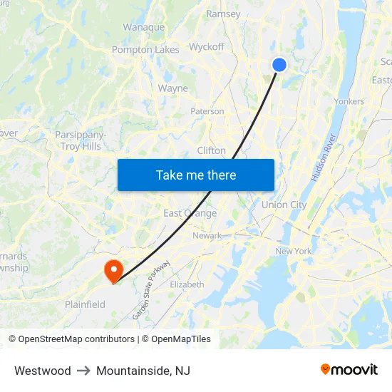 Westwood to Mountainside, NJ map