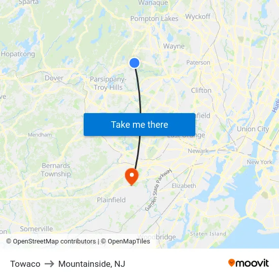 Towaco to Mountainside, NJ map