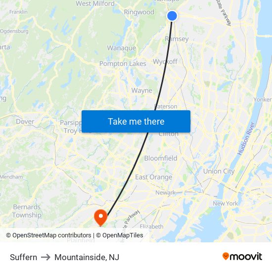 Suffern to Mountainside, NJ map