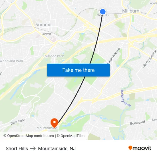 Short Hills to Mountainside, NJ map
