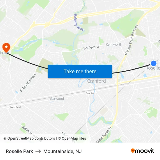 Roselle Park to Mountainside, NJ map