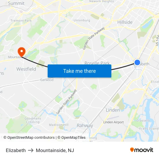 Elizabeth to Mountainside, NJ map