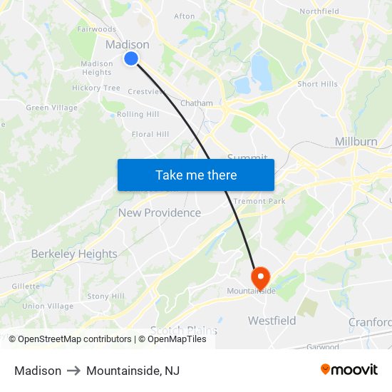 Madison to Mountainside, NJ map