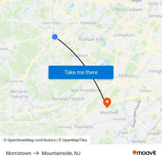Morristown to Mountainside, NJ map