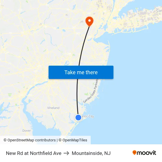 New Rd at Northfield Ave to Mountainside, NJ map