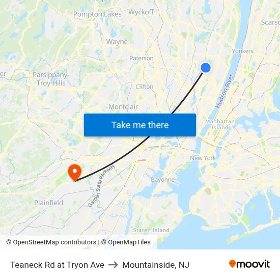 Teaneck Rd at Tryon Ave to Mountainside, NJ map