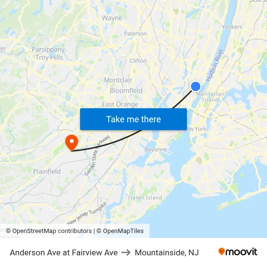Anderson Ave at Fairview Ave to Mountainside, NJ map
